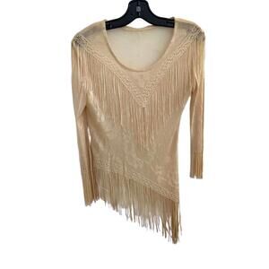 Light Gold Asymmetric Fringed Sheer Lace Sweater for Women - Small